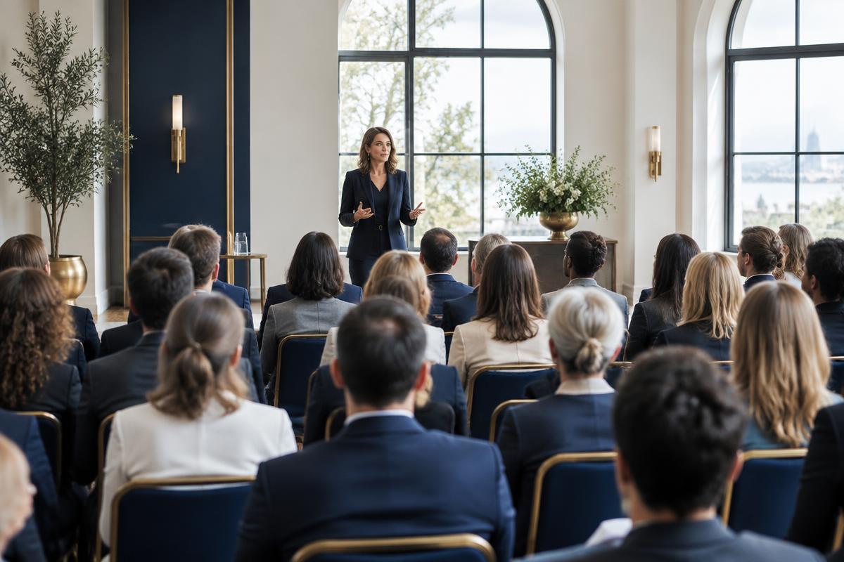 Guests listening to a speaker at a business gathering