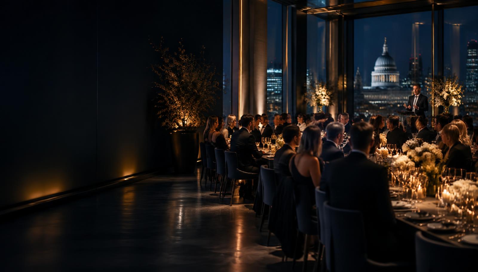 An intimate corporate evening event overlooking London